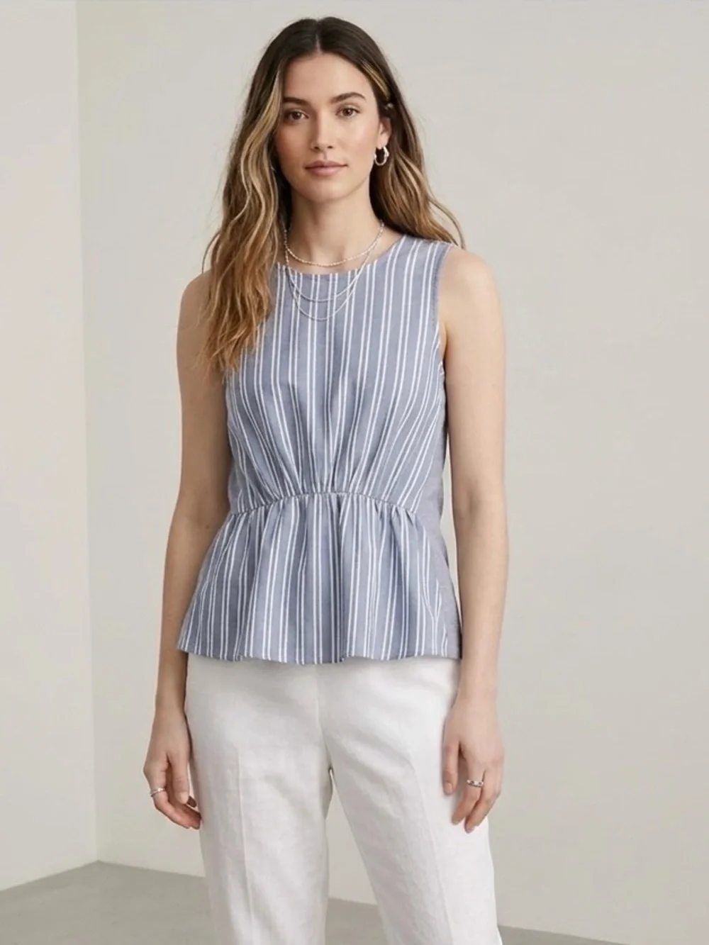 J Crew Striped Chambray Top Peplum Sleeveless Blue White Cotton XXS